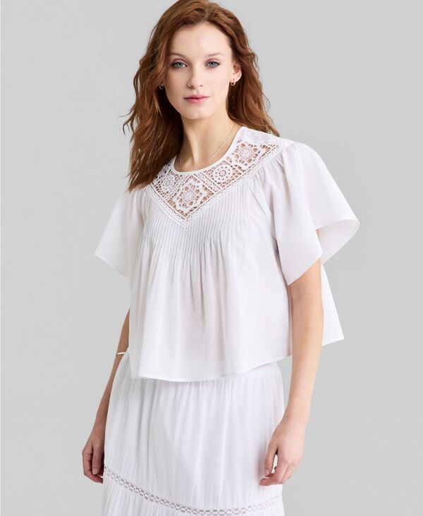 アンドノウディス レディース トップス シャツ 半袖 コットン And Now This Womens Cotton CrochetTrim ShortSleeve Top Bright White