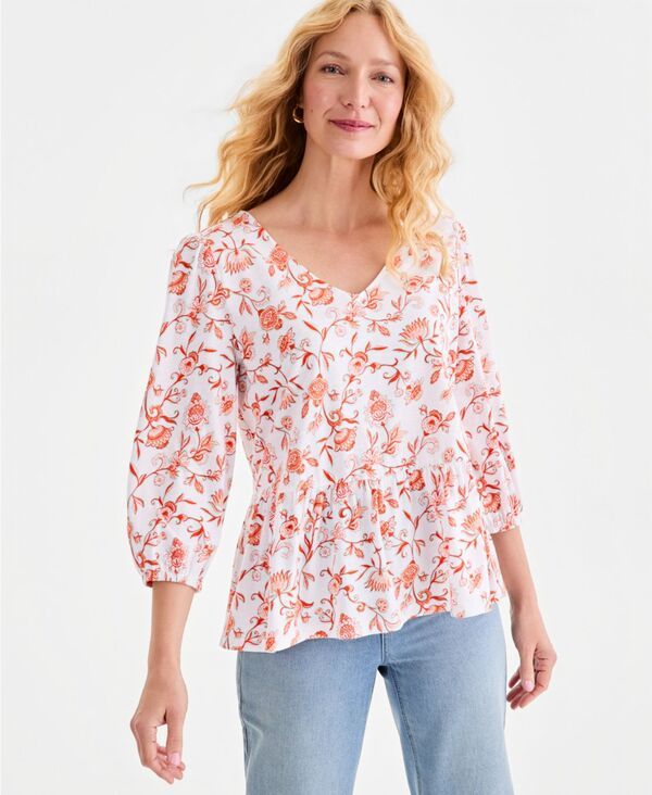 スタイルアンドコー レディース トップス シャツ Vネック プリント Style Co Womens Printed 34Sleeve VNeck Peplum Top Bright White ホワ