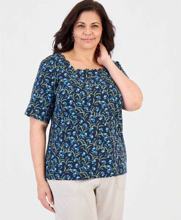 スタイルアンドコー レディース トップス シャツ プリント Style Co Womens Printed Scalloped SquareNeck Top Industrial Blue ブルー