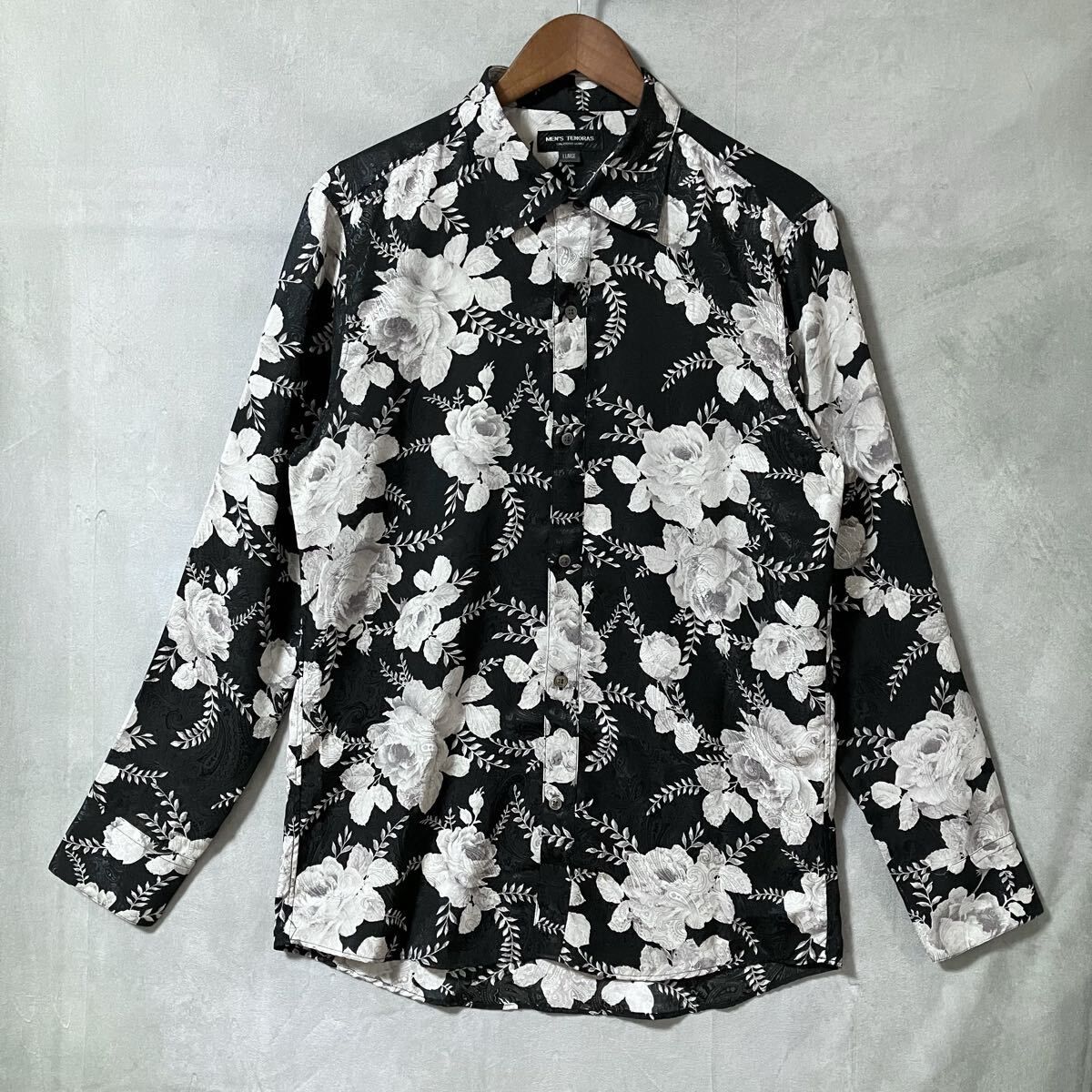 MEN'S TENORAS メンズティノラス 90's archive ポリエステル ジャガード 総柄 バラ柄 プリント テロテロ生地 シャツ size.LL ブラック