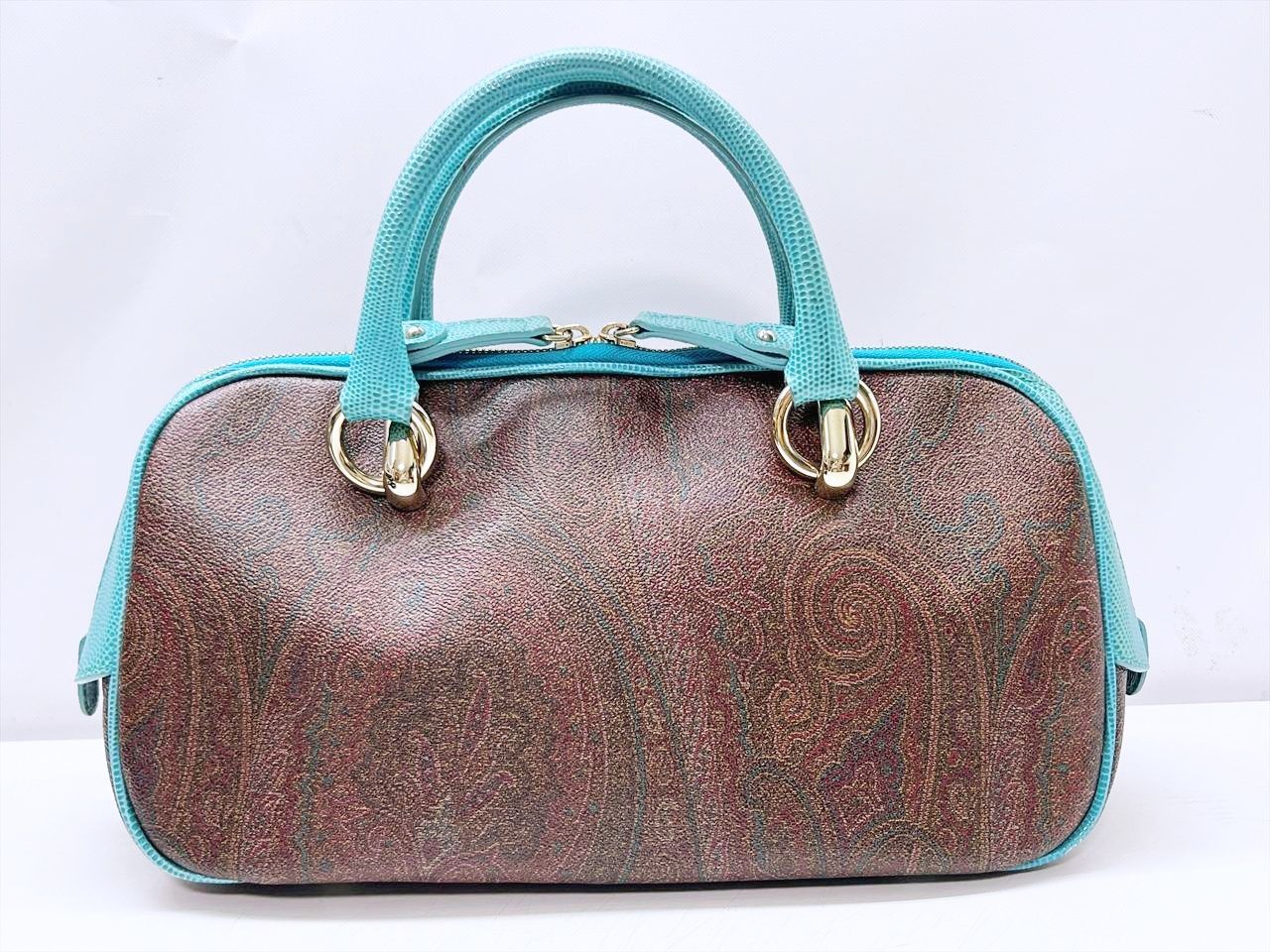 美品　ETRO　エトロ　ペイズリー　PVC　レザー　ハンドバッグ　マルチ　ターコイズ