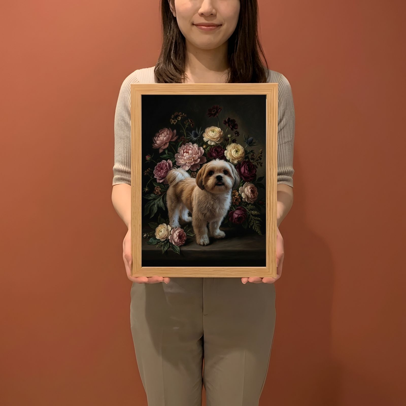 犬（シーズー）の花に囲まれた油絵風アート A4額装インテリア壁掛け