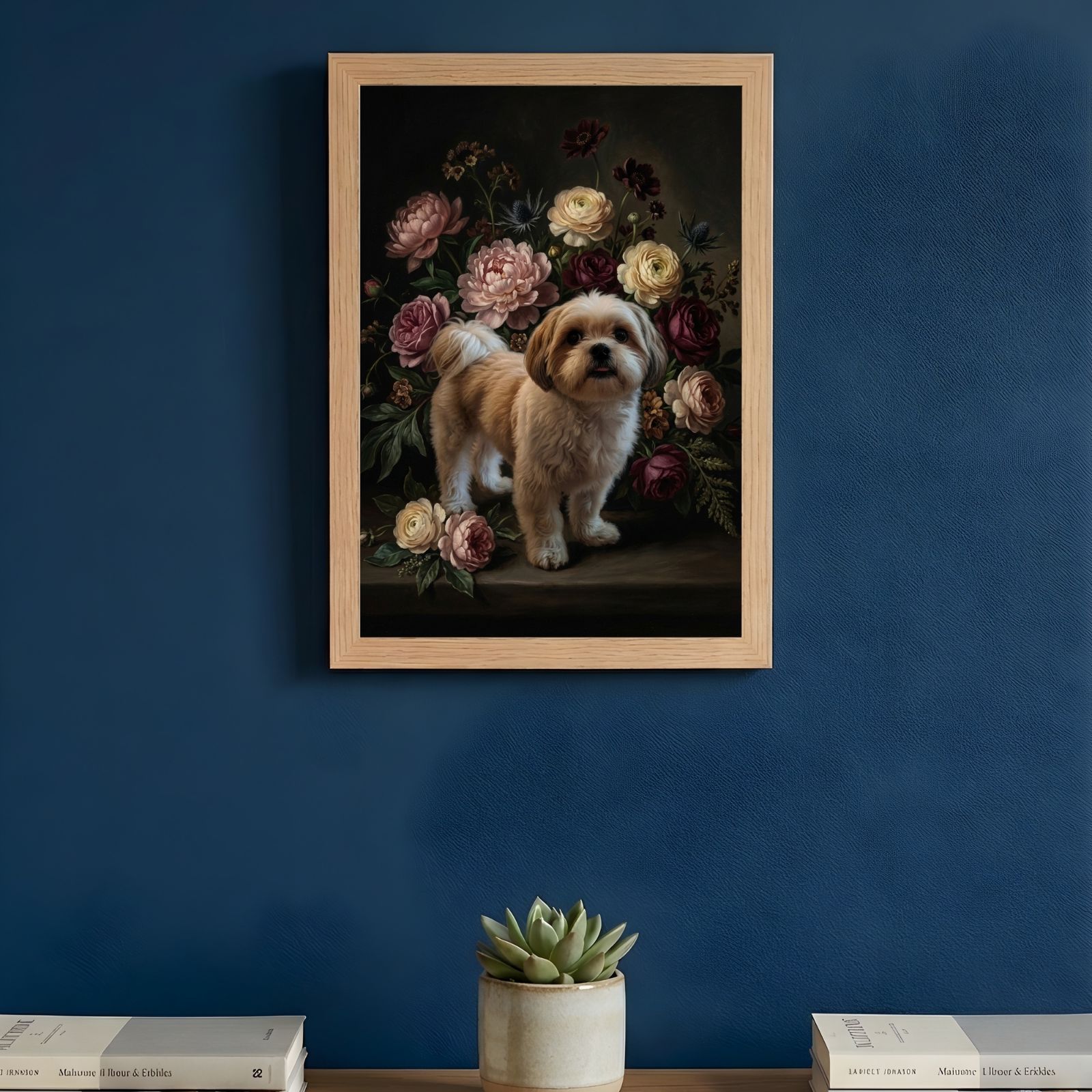 犬（シーズー）の花に囲まれた油絵風アート A4額装インテリア壁掛け