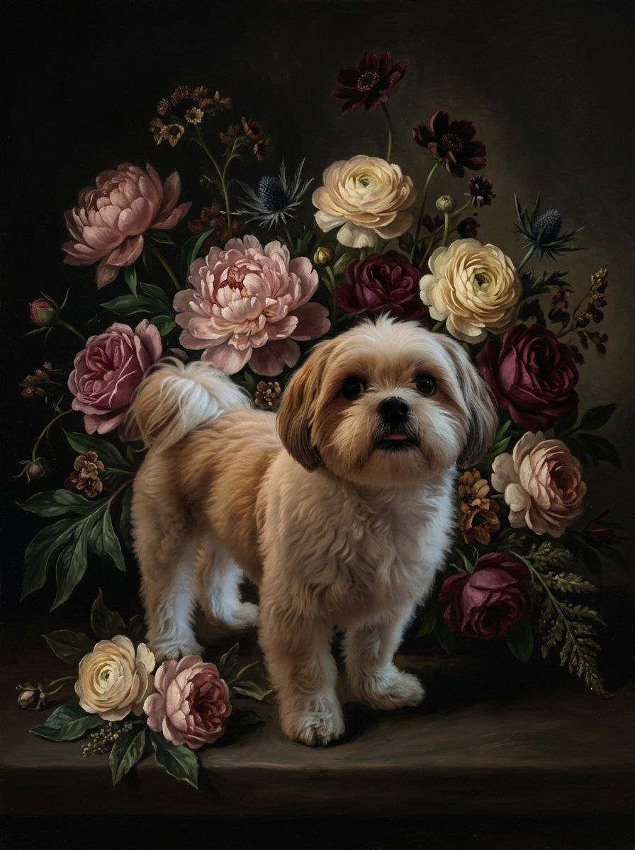 犬（シーズー）の花に囲まれた油絵風アート A4額装インテリア壁掛け