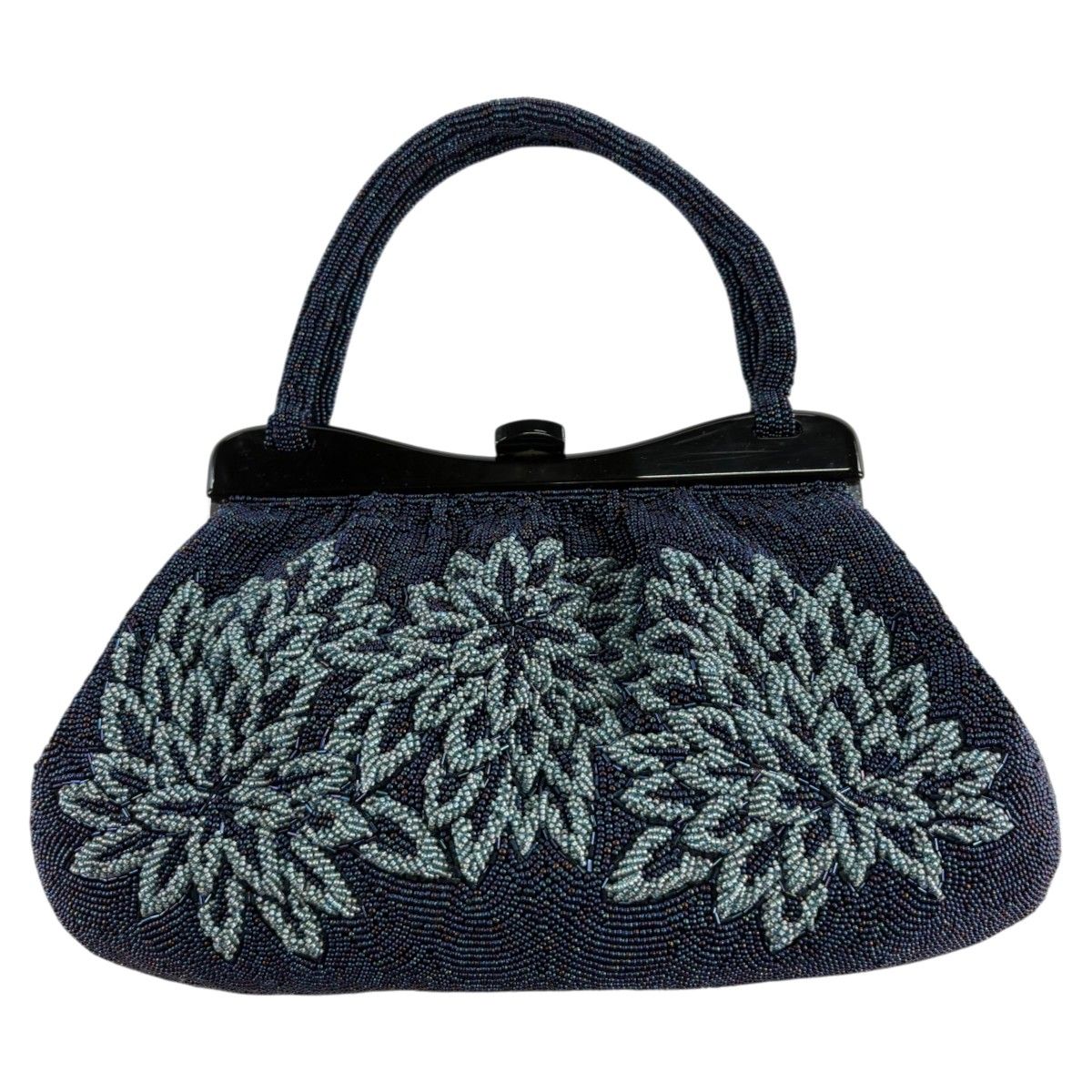 【美品】 和装バッグ 優品 ビーズバッグ フォーマル 花 紺色 ビーズ 和装小物 【中古】