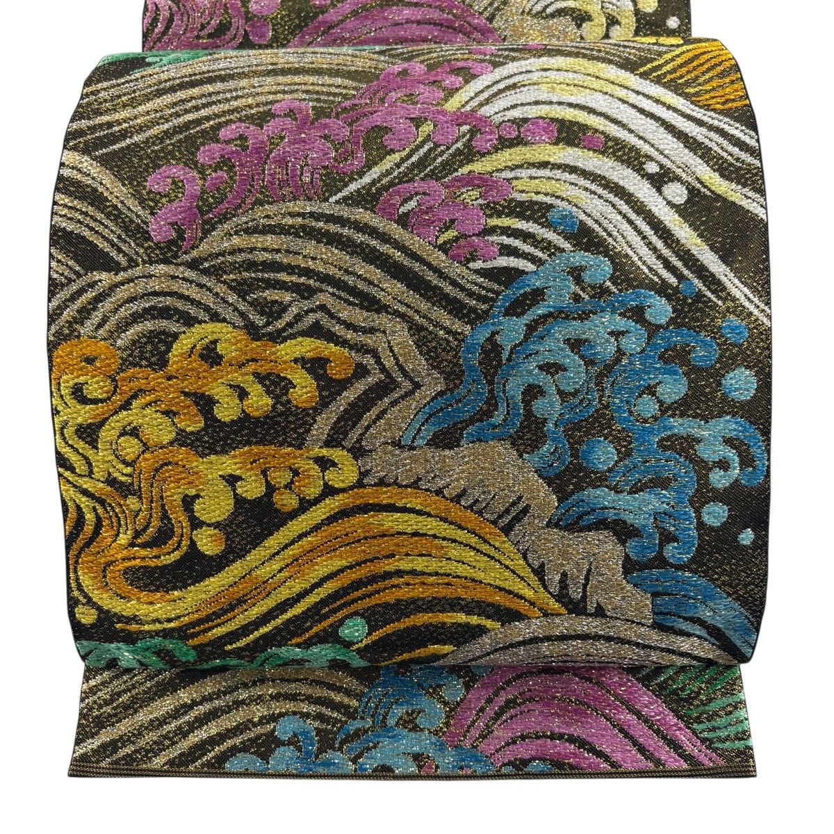 【美品】 袋帯 逸品 川島織物 落款 関西仕立て 波頭 波 箔 金糸 黒 六通 正絹 【中古】