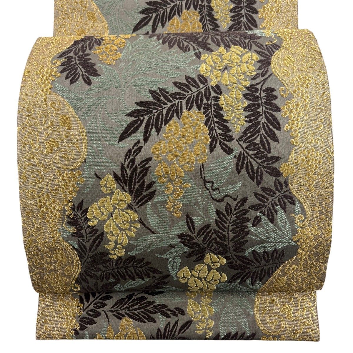 【美品】 袋帯 逸品 山口美術織物 落款 ますいわ屋 葡萄唐草 葉柄 金糸 箔 茶緑色 六通 正絹 【中古】
