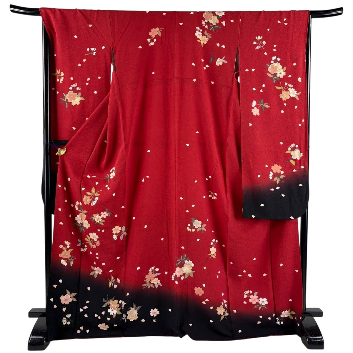 振袖 身丈170cm 裄丈67cm M 袷 桜 花びら 金彩 金糸 赤 正絹 秀品 【中古】