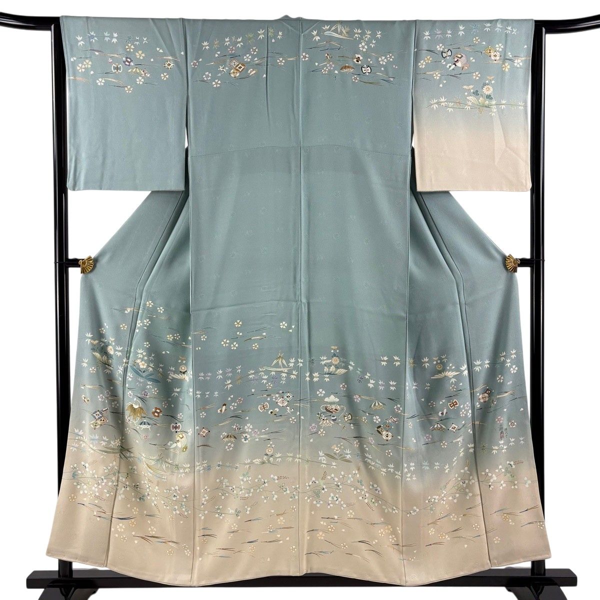訪問着 身丈154.5cm 裄丈64cm M 袷 落款 宝尽くし 草花 金彩 金糸 水色 正絹 秀品 【中古】