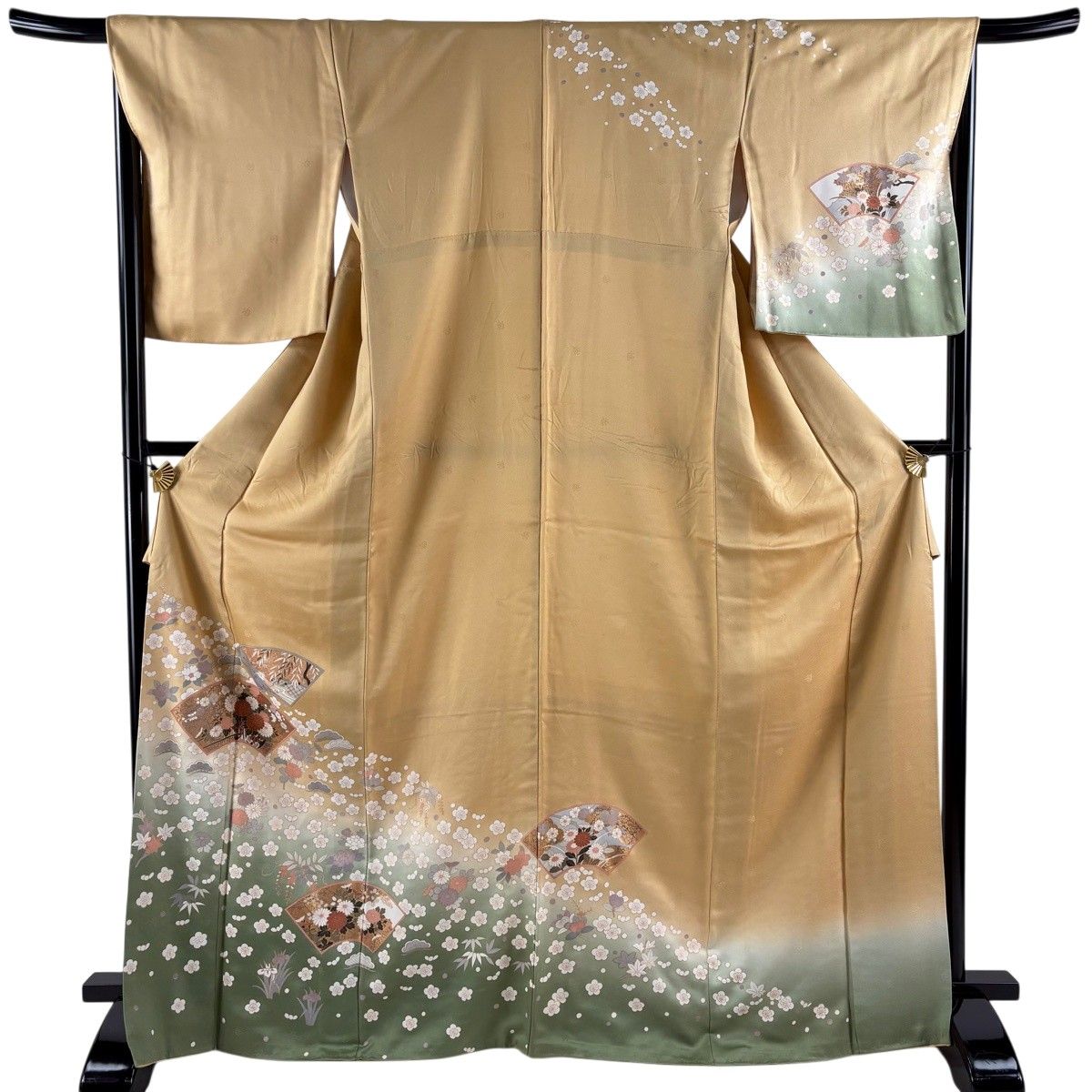 訪問着 身丈168.5cm 裄丈67.5cm L 袷 扇面 花車 金彩 染め分け 薄黄土