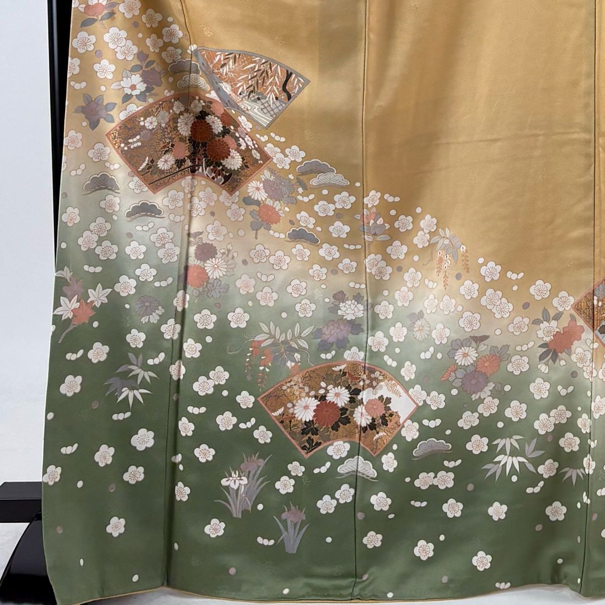 訪問着 身丈168.5cm 裄丈67.5cm L 袷 扇面 花車 金彩 染め分け 薄黄土