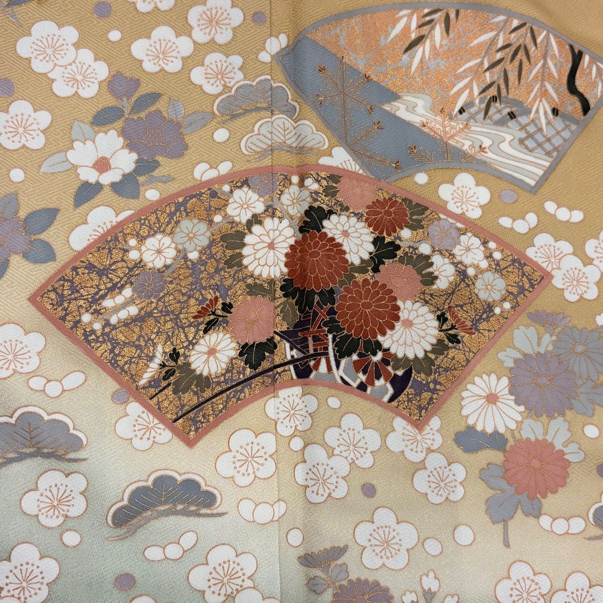 訪問着 身丈168.5cm 裄丈67.5cm L 袷 扇面 花車 金彩 染め分け 薄黄土