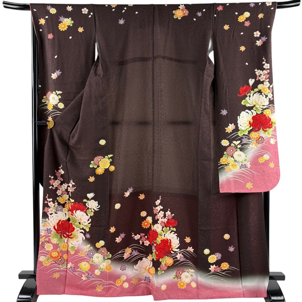 美品】 振袖 身丈169cm 裄丈68cm L 袷 菊 枝梅 染め分け ぼかし 焦茶色