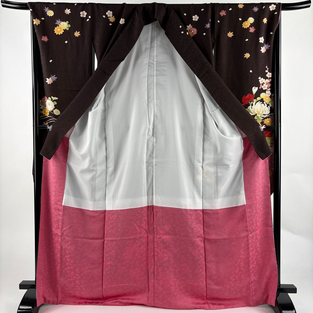 美品】 振袖 身丈169cm 裄丈68cm L 袷 菊 枝梅 染め分け ぼかし 焦茶色