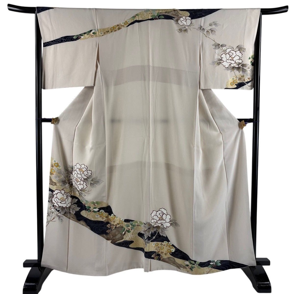 訪問着 身丈163cm 裄丈66cm M 袷 牡丹 流水 金彩 ベージュ 正絹 秀品 【中古】 6,336円