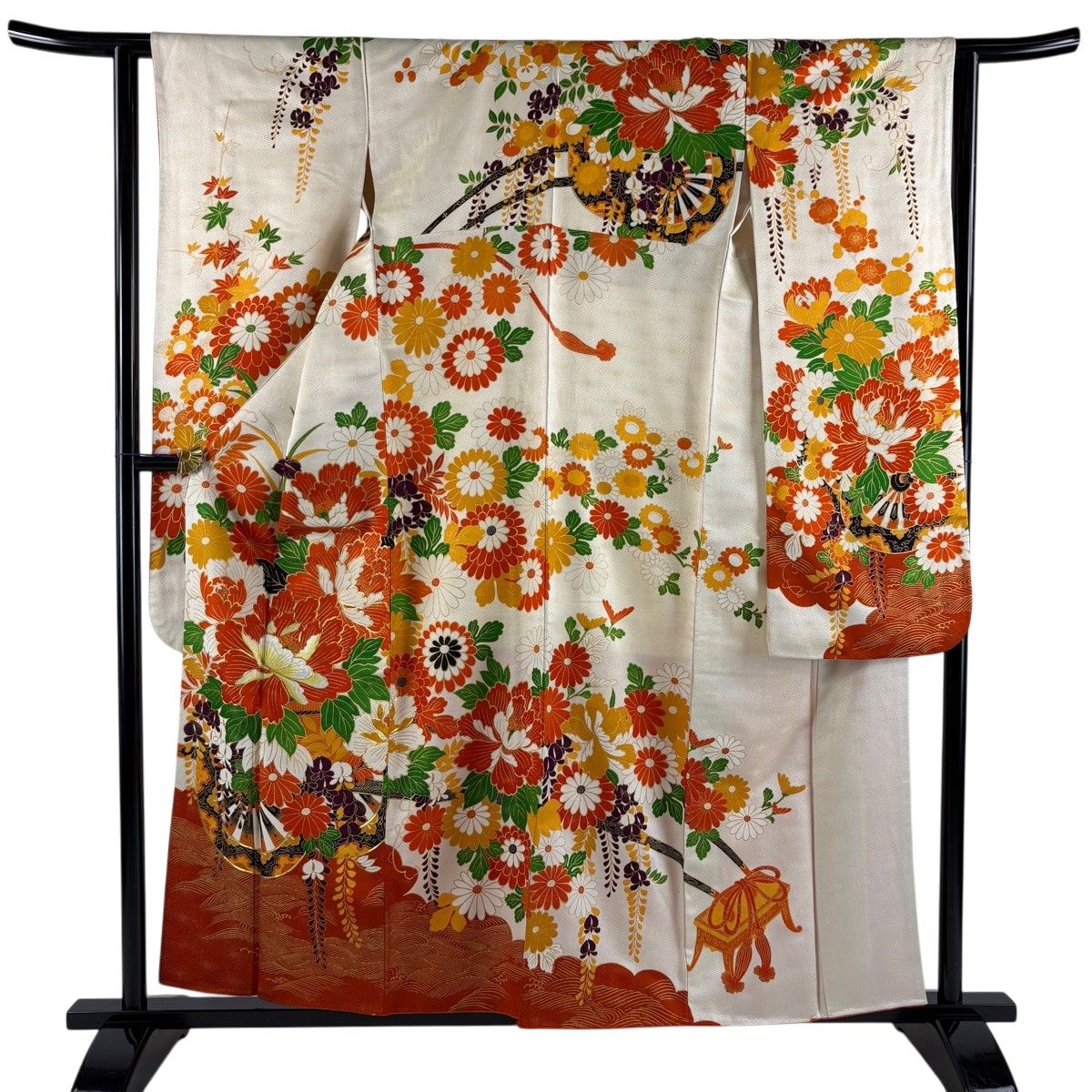 振袖 身丈157cm 裄丈62cm S 袷 花車 波 金通し 刺繍 クリーム 正絹 秀