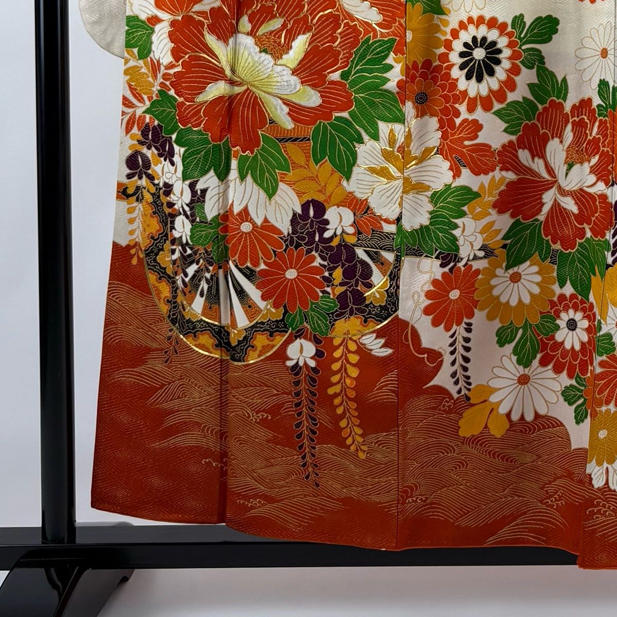 振袖 身丈157cm 裄丈62cm S 袷 花車 波 金通し 刺繍 クリーム 正絹 秀