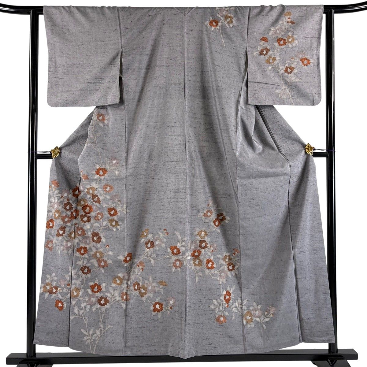 訪問着 身丈156cm 裄丈62cm S 袷 紬地 枝花 金糸 金彩 灰色 正絹 秀品 【中古】