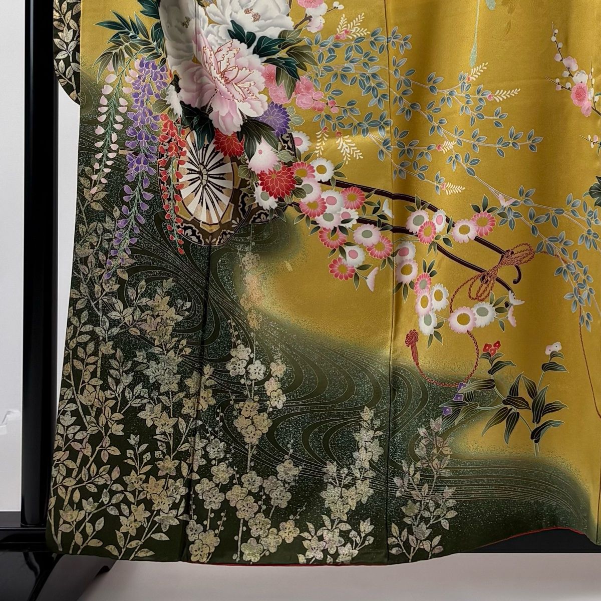 振袖 身丈160cm 裄丈67.5cm L 袷 花車 流水 金糸 金彩 山吹色 正絹 秀