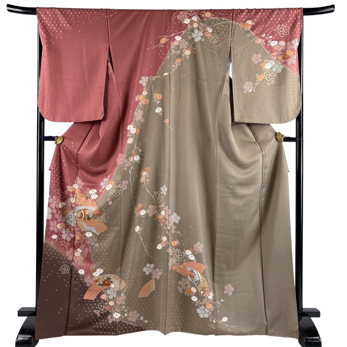 訪問着 身丈168cm 裄丈67.5cm L 袷 扇面 草花 金彩 染め分け 小豆色