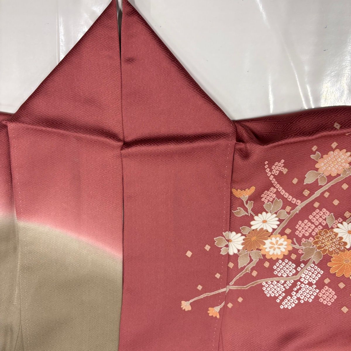訪問着 身丈168cm 裄丈67.5cm L 袷 扇面 草花 金彩 染め分け 小豆色
