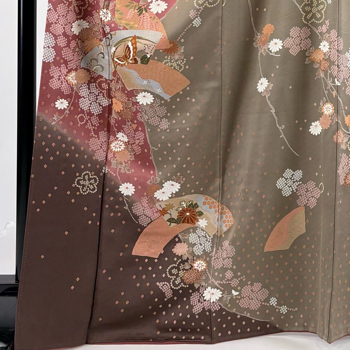訪問着 身丈168cm 裄丈67.5cm L 袷 扇面 草花 金彩 染め分け 小豆色