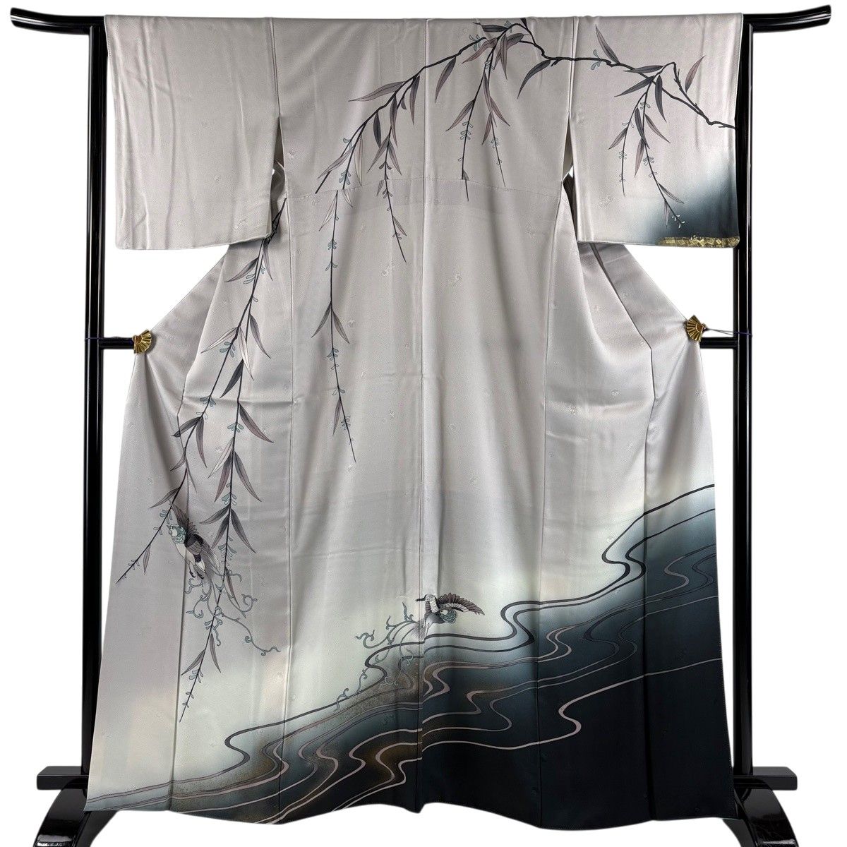 訪問着 身丈164cm 裄丈65.5cm M 袷 鳥 枝葉 金銀彩 ぼかし 灰色 正絹 秀品 【中古】