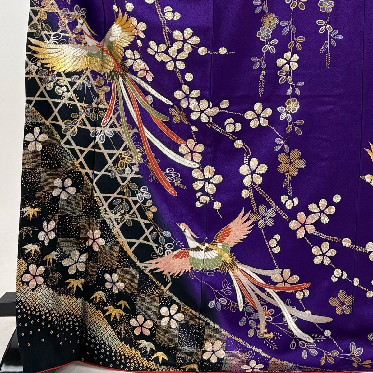 美品】 振袖 身丈174cm 裄丈64.5cm M 袷 鳳凰 草花 金糸 金銀彩 紫