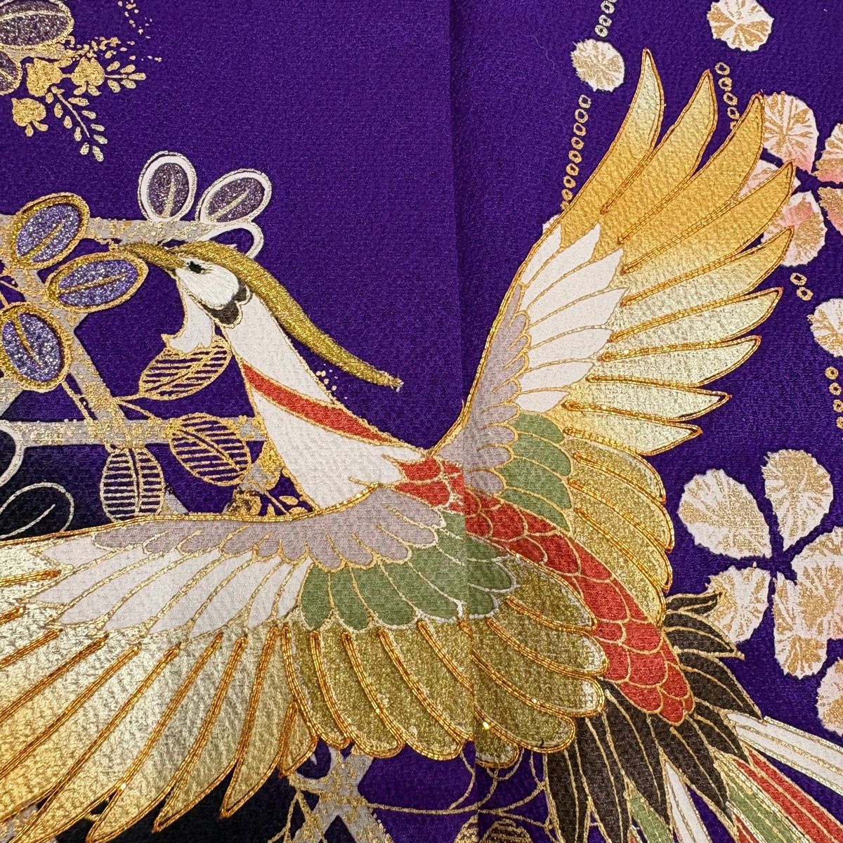 美品】 振袖 身丈174cm 裄丈64.5cm M 袷 鳳凰 草花 金糸 金銀彩 紫