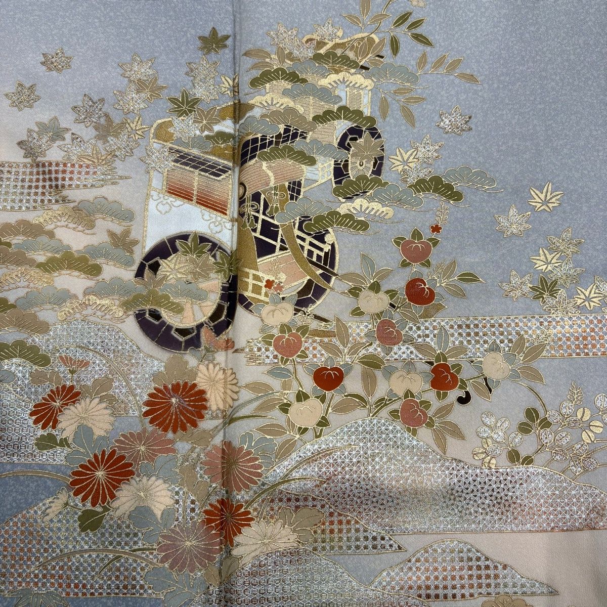 訪問着 身丈156.5cm 裄丈64.5cm M 袷 御所車 草花 金銀彩 ぼかし 青灰色 正絹 秀品 【中古】