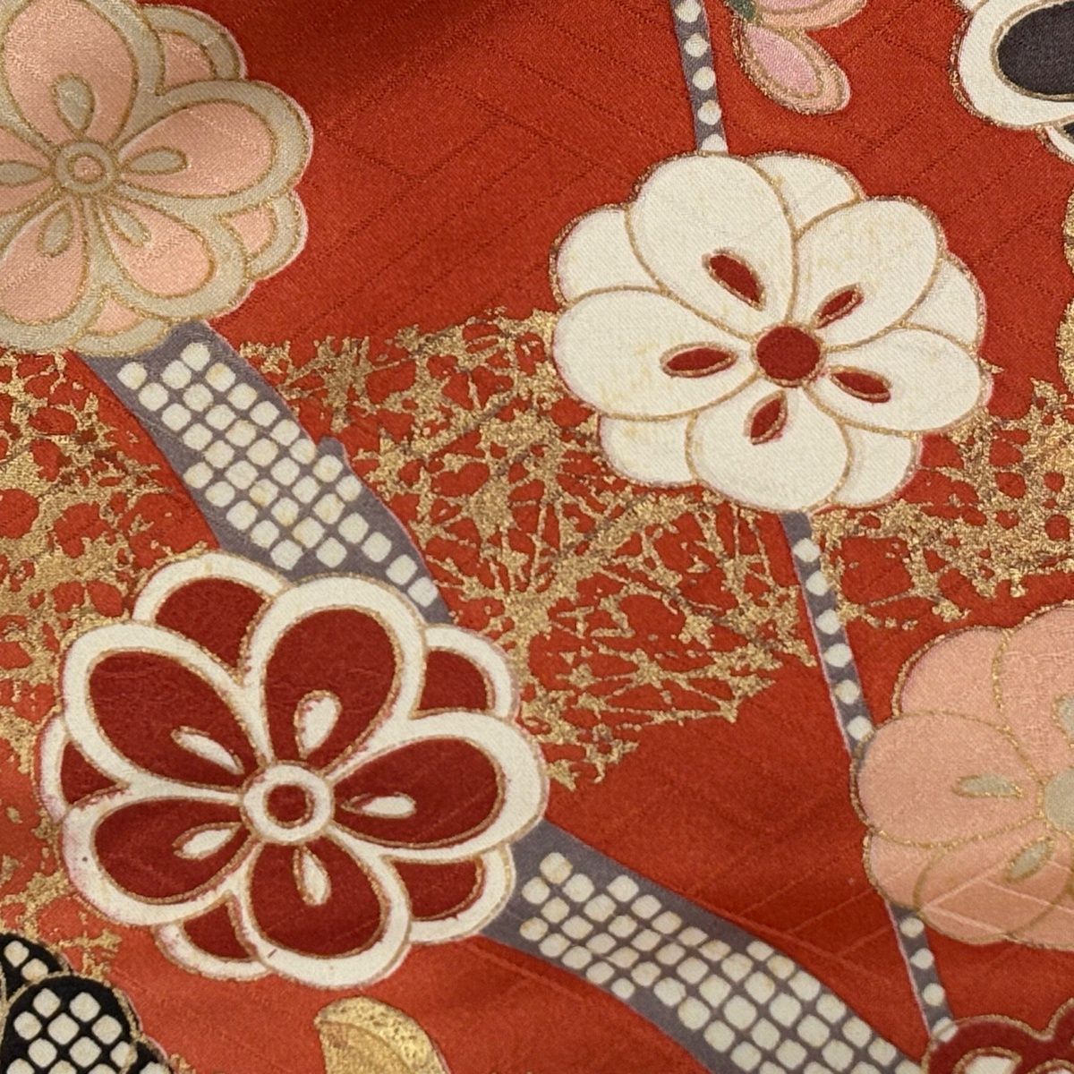振袖 身丈168.5cm 裄丈67.5cm L 七宝 金糸金通し 朱色正絹名品 振袖 身丈157cm 裄丈66.5cm M 袷 御所車 草花 金糸 金彩 朱色 正絹 秀