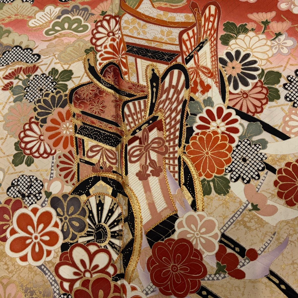 振袖 身丈157cm 裄丈66.5cm M 袷 御所車 草花 金糸 金彩 朱色 正絹 秀