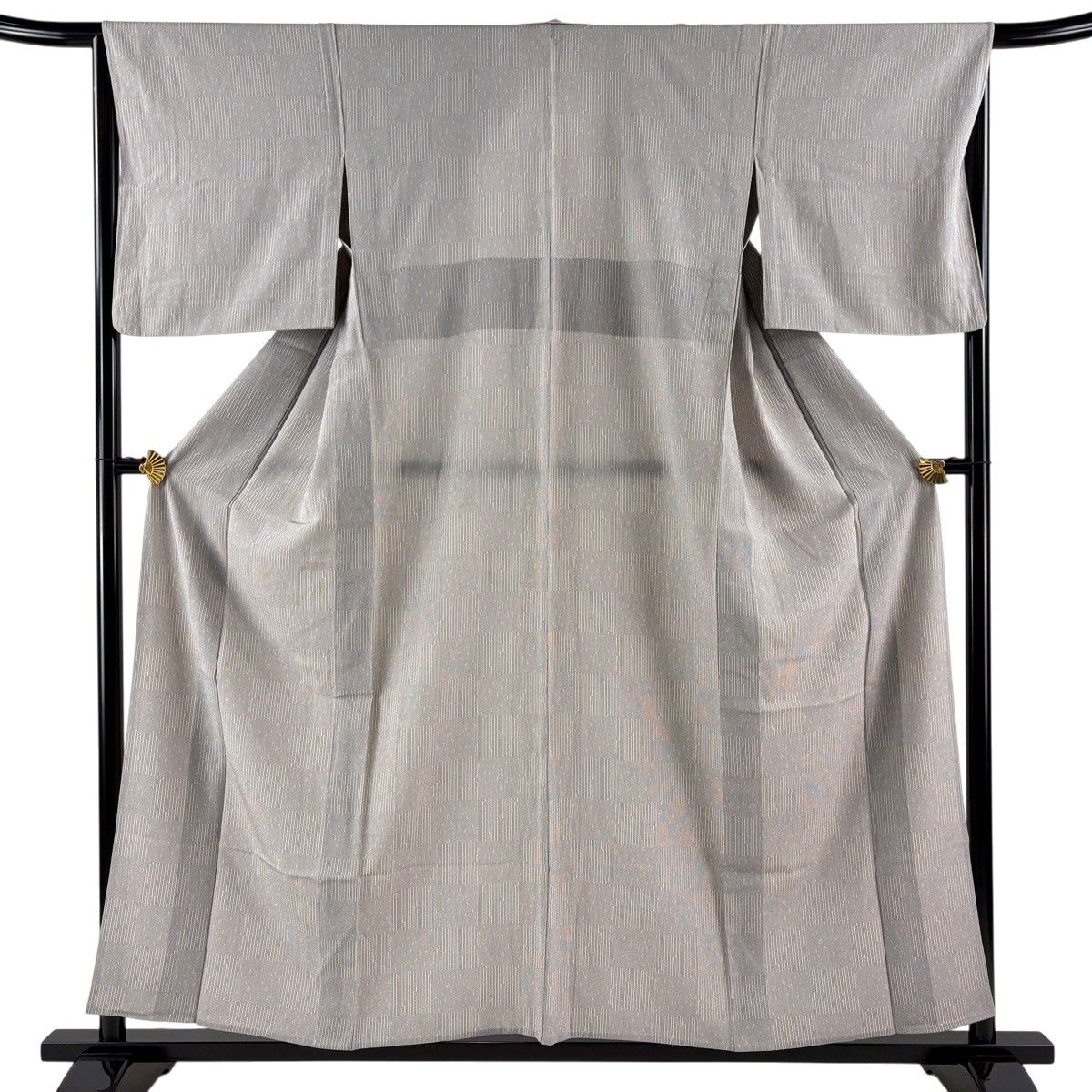 【美品】 小紋 身丈155.5cm 裄丈66cm M 単衣 変わり市松 灰色 正絹 秀品 【中古】