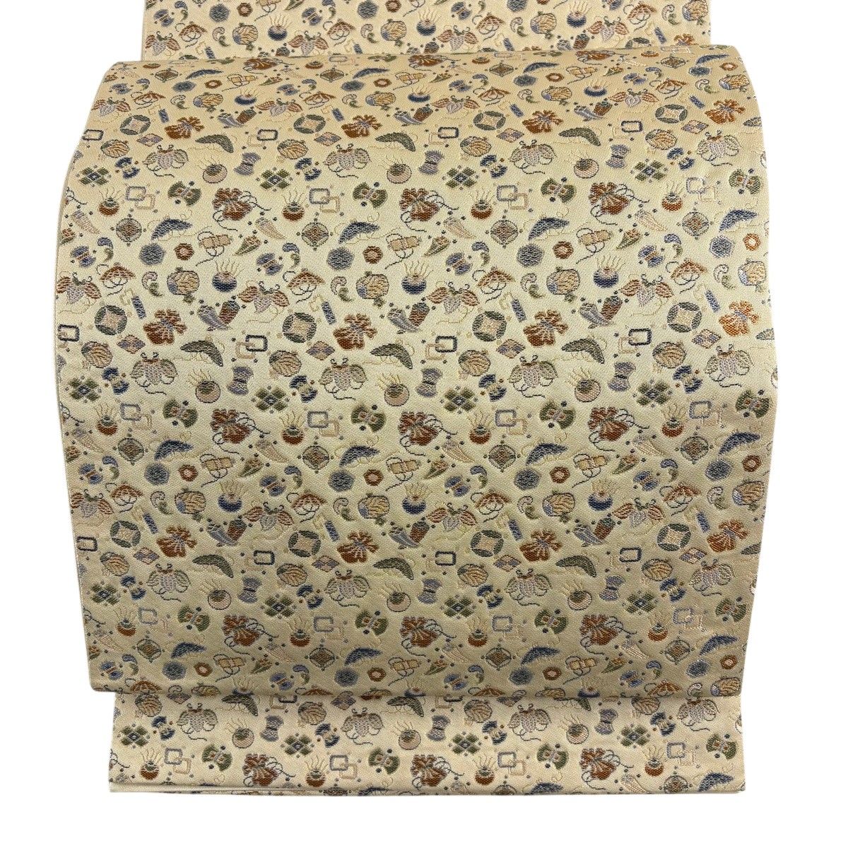 【美品】 袋帯 秀品 宝尽くし 金糸 ベージュ 六通 正絹 【中古】