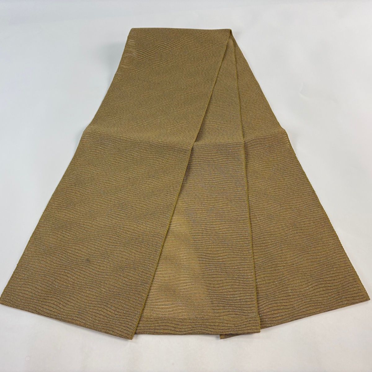 【美品】 名古屋帯 秀品 八寸名古屋帯 夏帯 縞 箔 薄茶色 正絹 【中古】