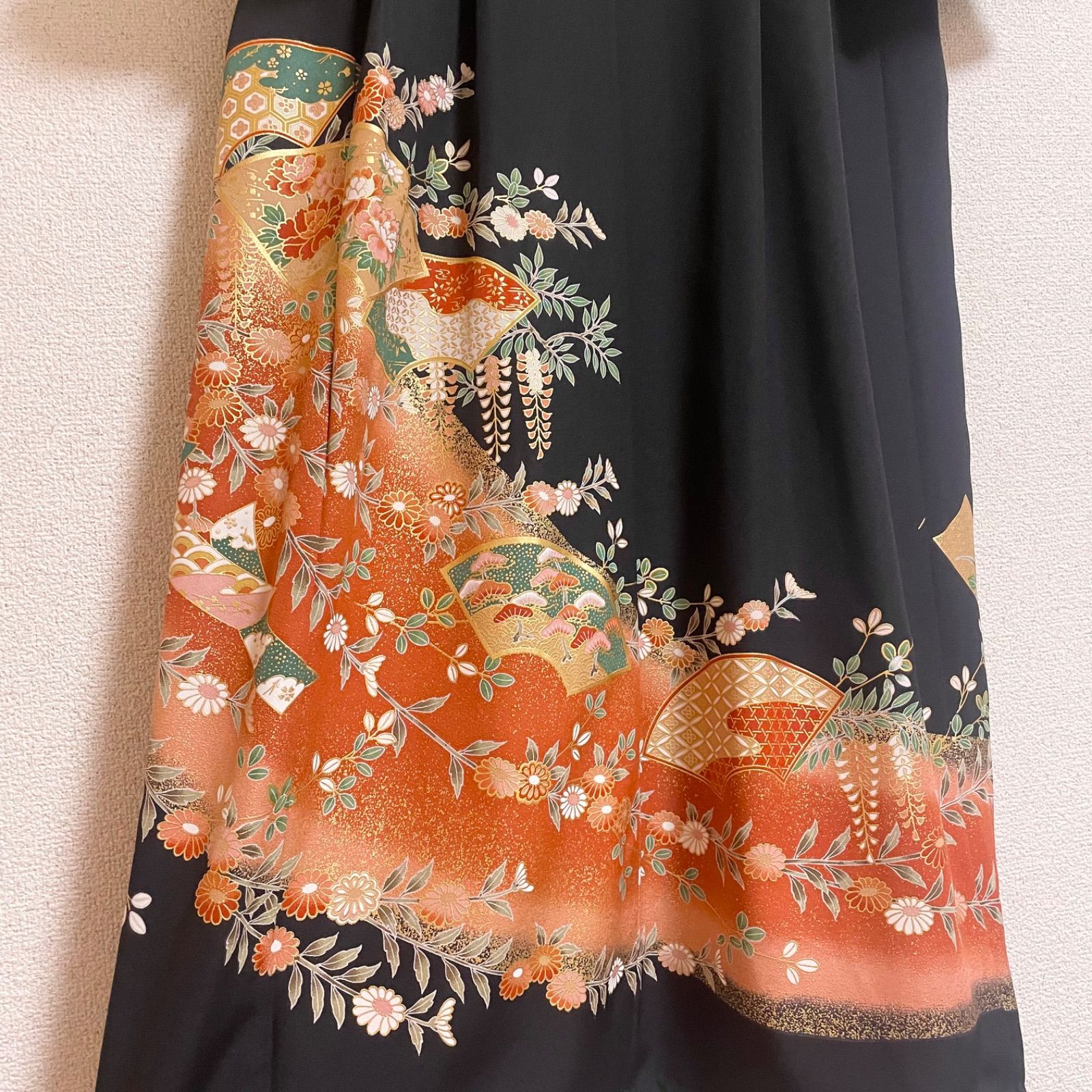 一点物 着物リメイク ロングワンピース ドレス 黒留袖 正絹 地紙花文