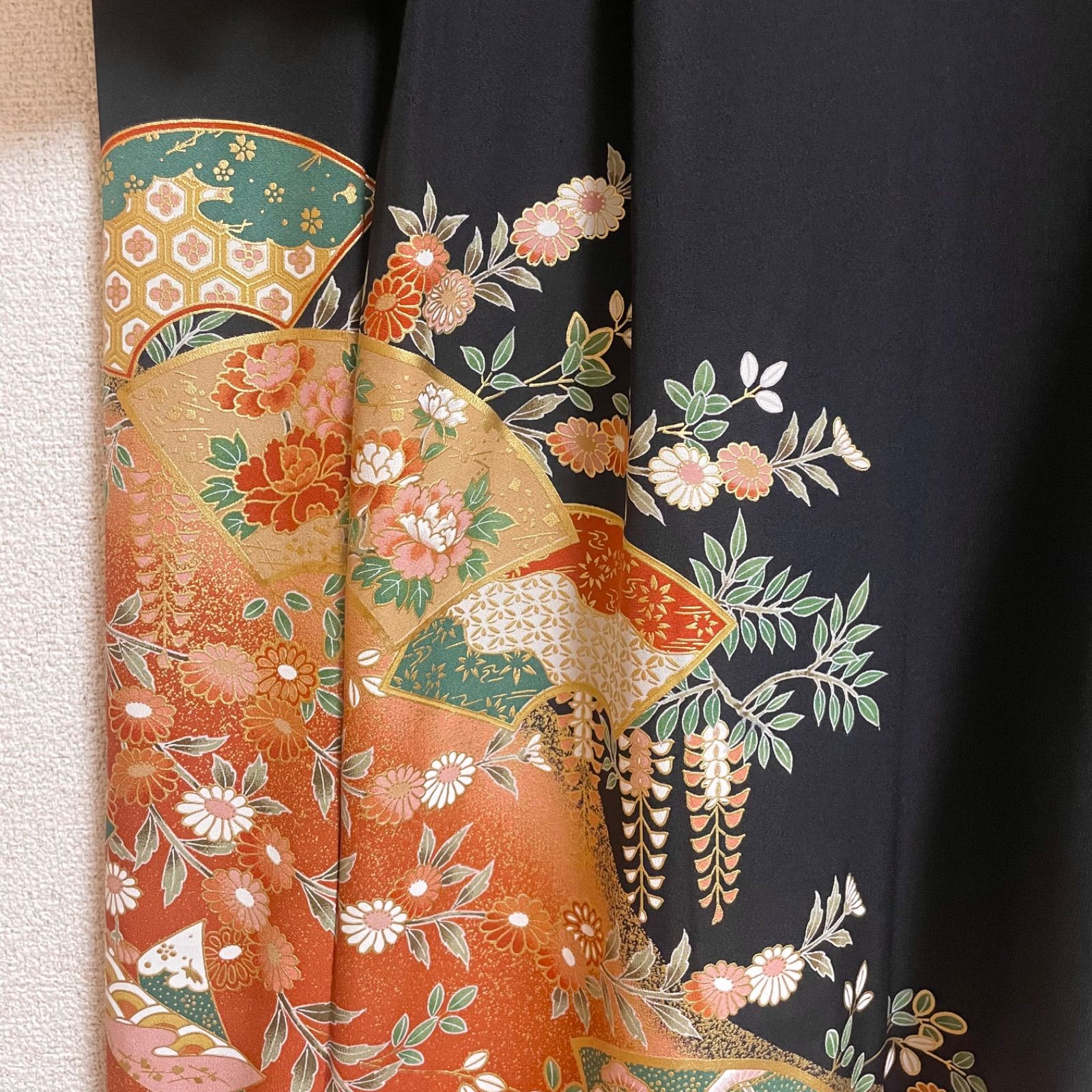 一点物 着物リメイク ロングワンピース ドレス 黒留袖 正絹 地紙花文