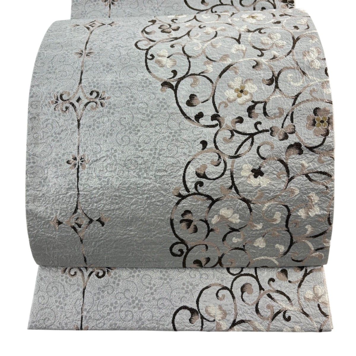【美品】 袋帯 秀品 花唐草 地紋 灰色 六通 正絹 【中古】