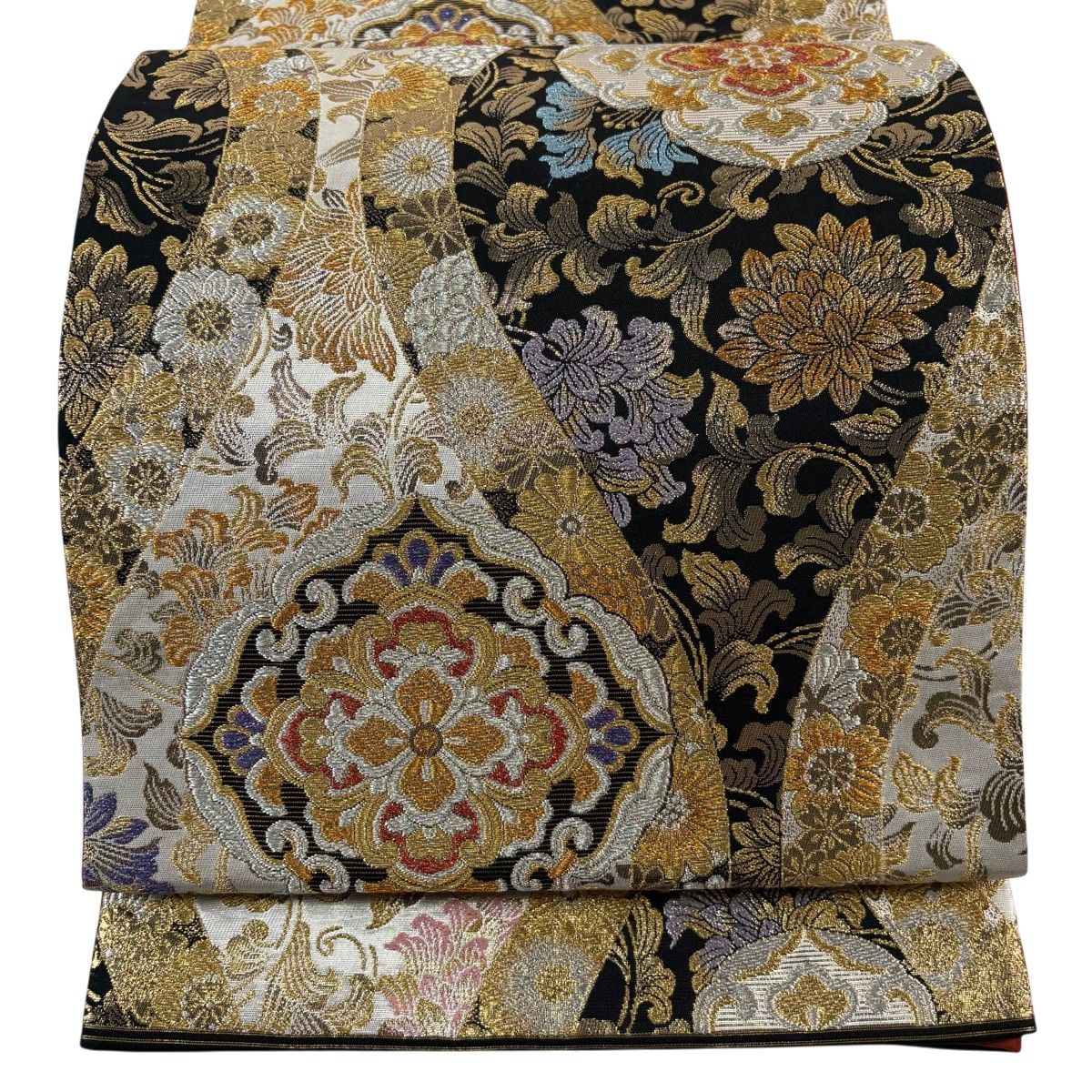 【美品】 袋帯 秀品 華文 花唐草 金銀糸 箔 黒 六通 正絹 【中古】
