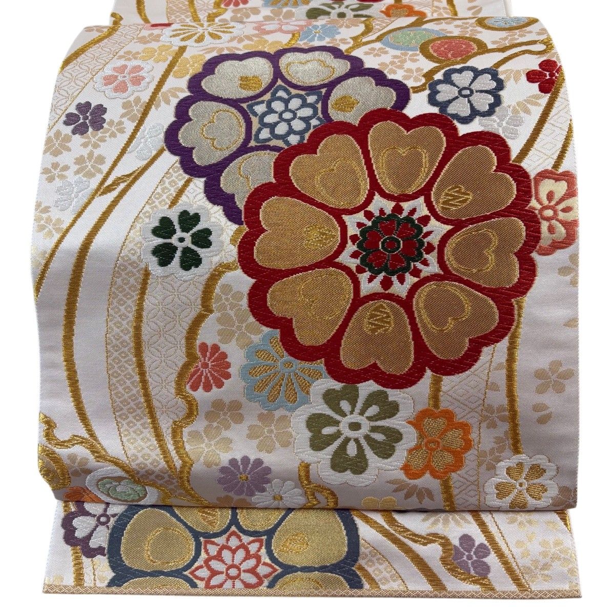 【美品】 袋帯 秀品 桜 菊 金糸 箔 クリーム 六通 正絹 【中古】 6,688円