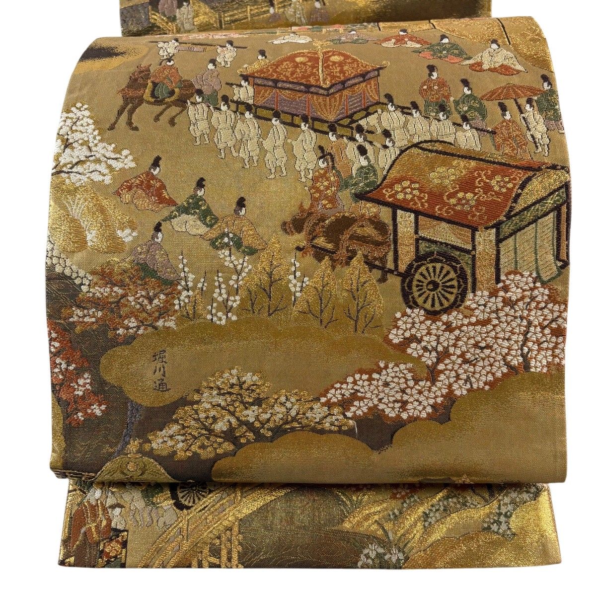【美品】 袋帯 秀品 御所 人物 箔 金糸 金茶 お太鼓柄 正絹 【中古】