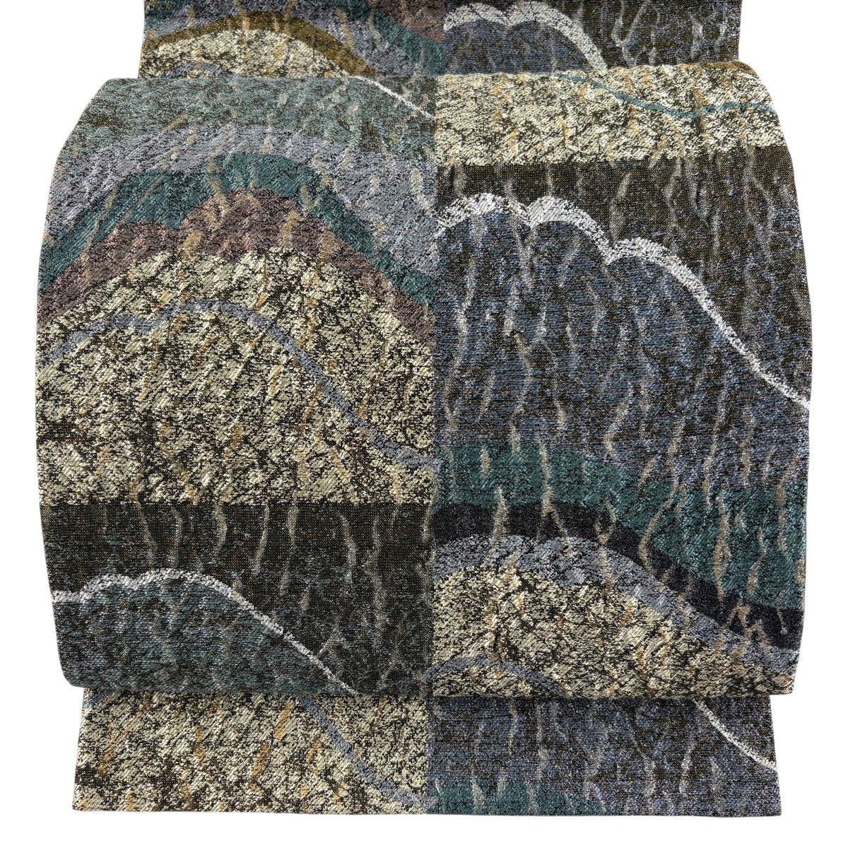 【美品】 袋帯 秀品 市松 山並み 銀通し 銀彩 茶緑色 六通 正絹 【中古】