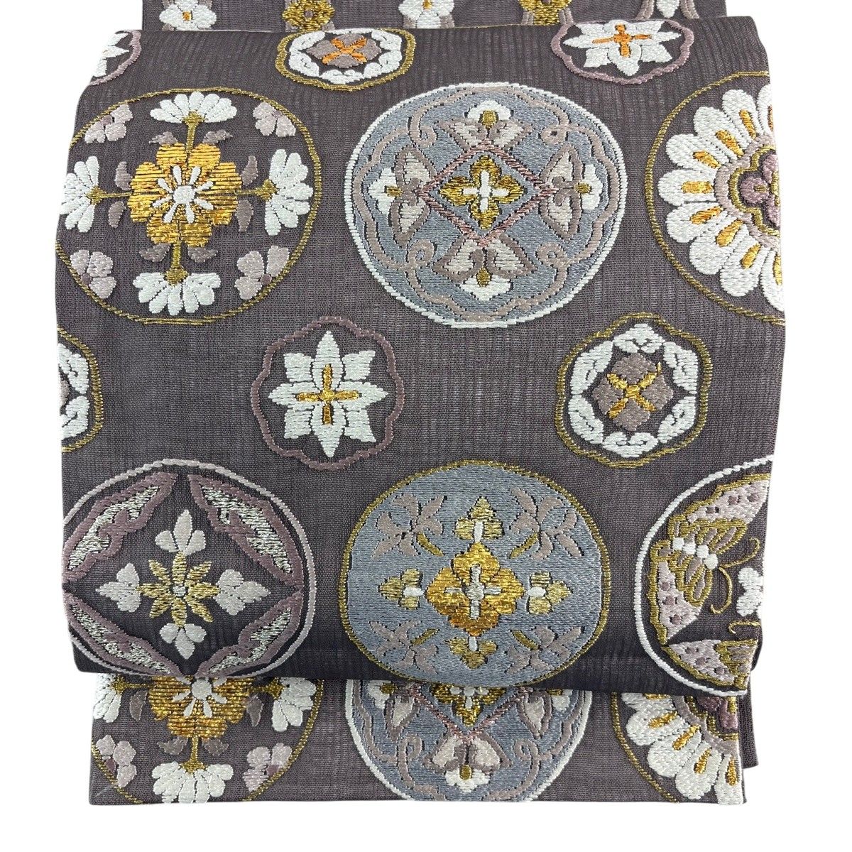 袋帯 秀品 夏帯 丸文 華文 金糸 箔 灰紫 六通 正絹 【中古】