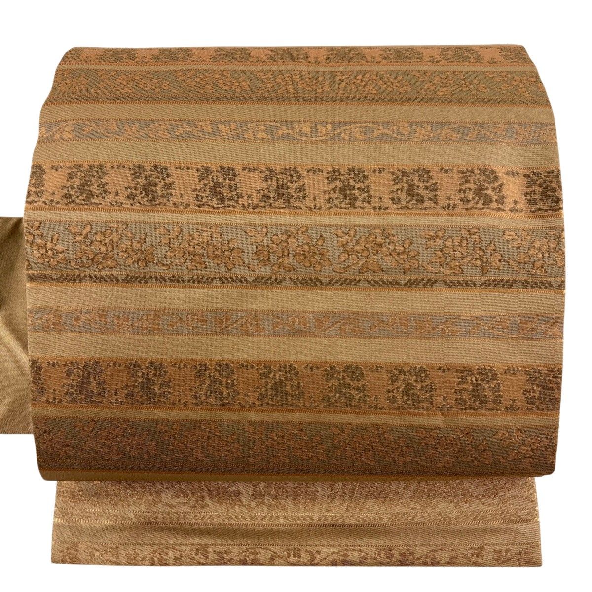 【美品】 名古屋帯 秀品 草花 縞 箔 薄オレンジ 正絹 【中古】