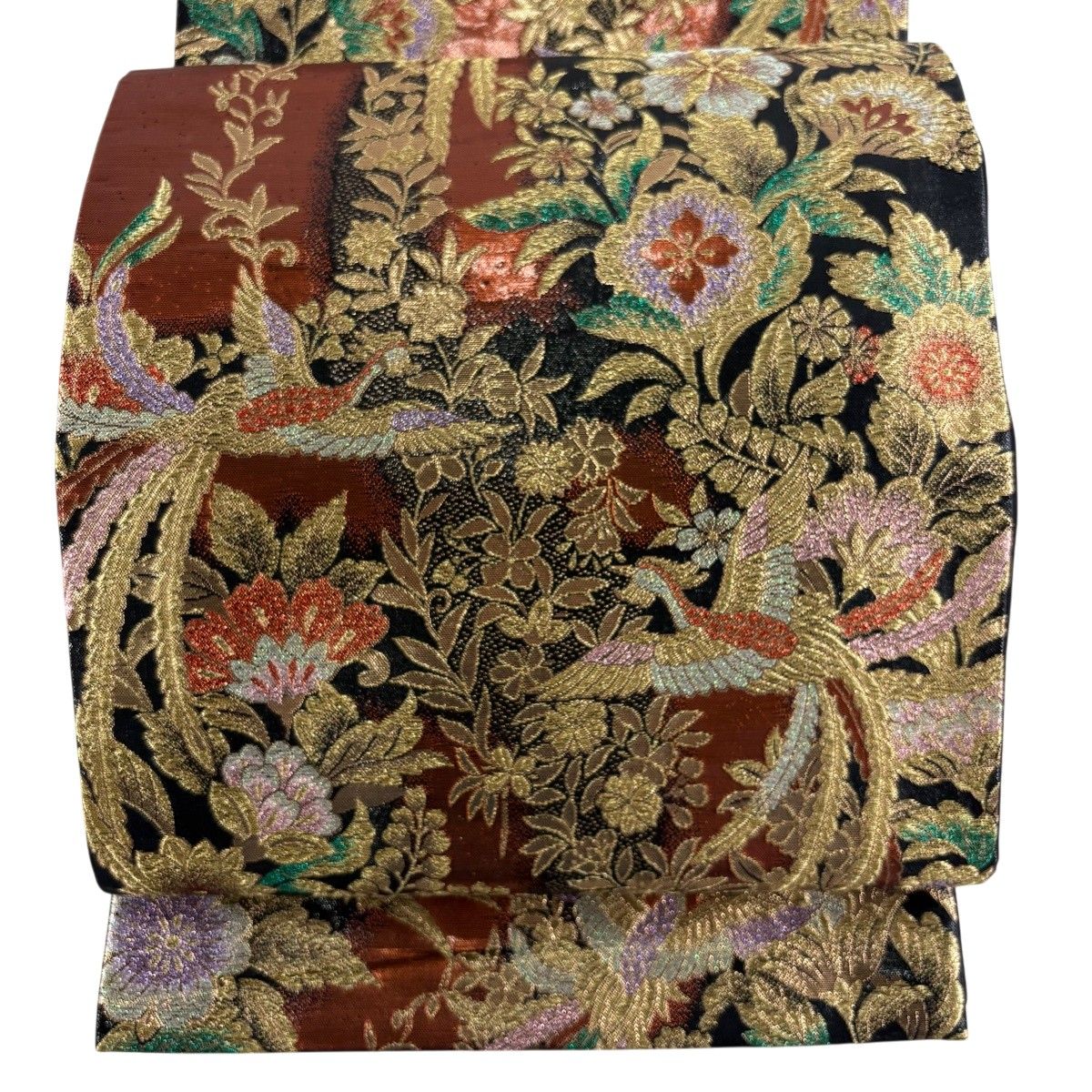 【美品】 袋帯 秀品 草花 鳳凰 金糸 箔 赤茶 六通 正絹 【中古】 6,776円