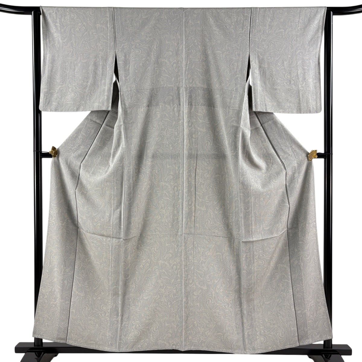 小紋 身丈157.5cm 裄丈63cm S 単衣 墨流し 灰色 正絹 名品 【中古】