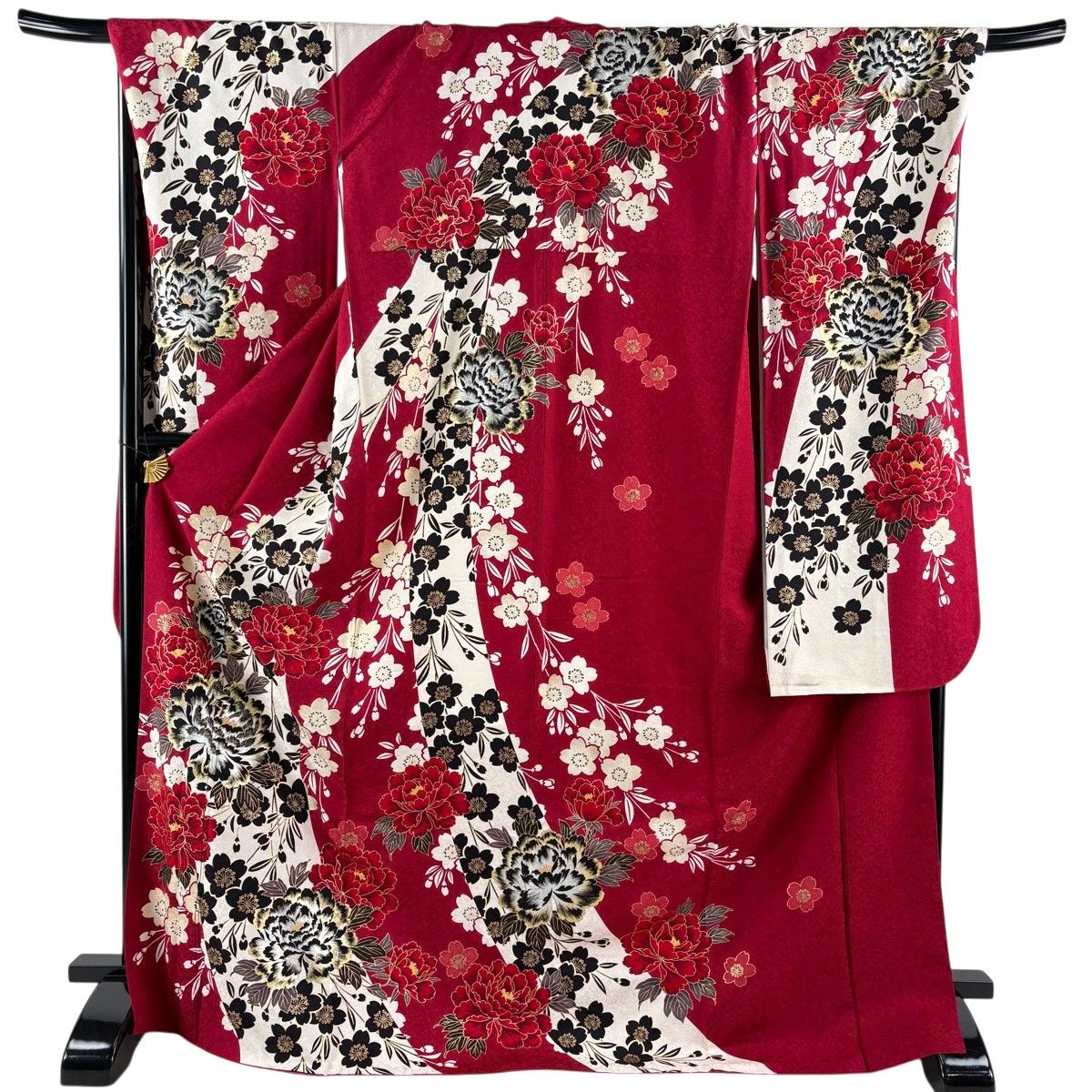 振袖 身丈174cm 裄丈71cm L 袷 桜 牡丹 箔 金銀彩 赤 正絹 名品 【中古】