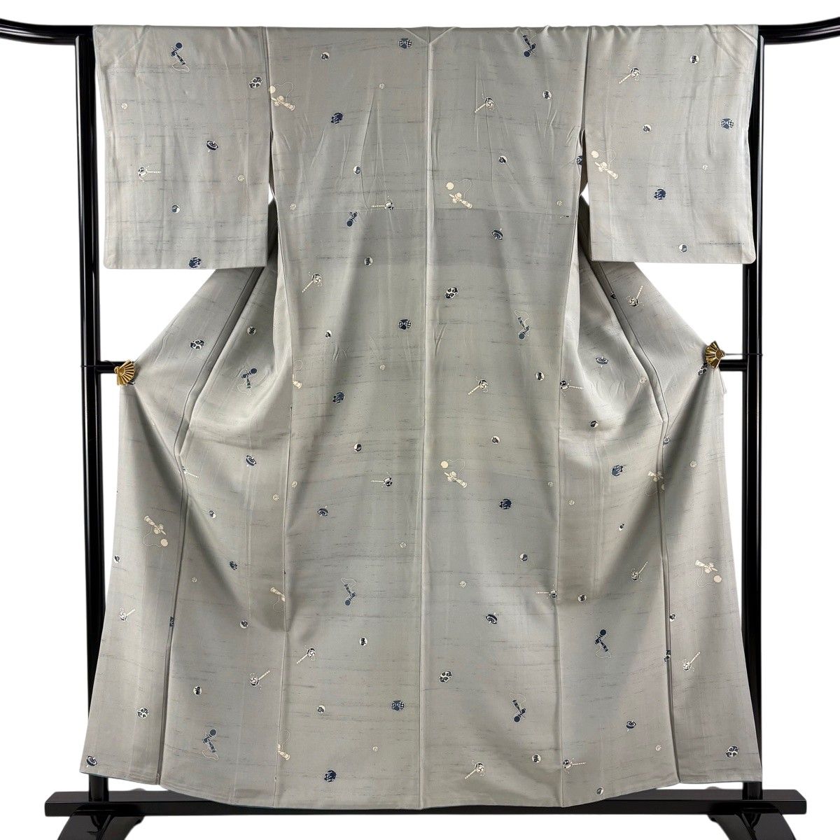 小紋 身丈158cm 裄丈64cm M 袷 紬地 玩具 灰緑 正絹 名品 【中古】