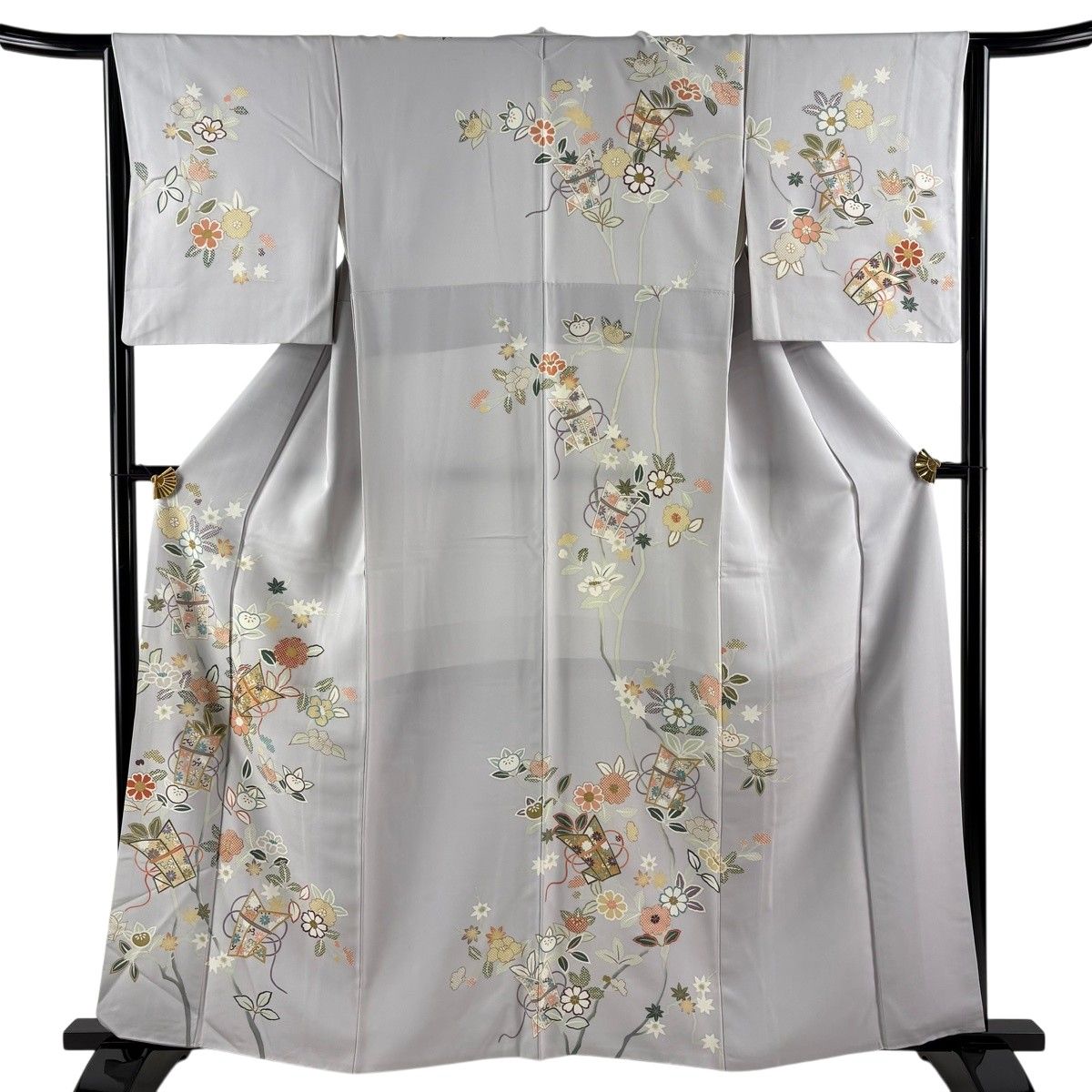 訪問着 身丈160.5cm 裄丈64.5cm M 袷 花熨斗 枝花 金糸 金彩 灰色 正絹