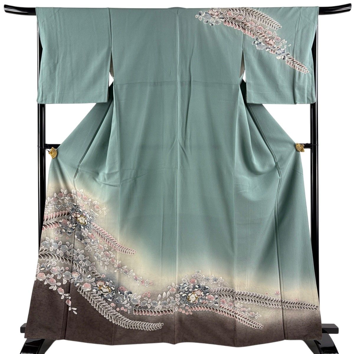 辻が花 訪問着 身丈164cm 裄68cm ８０万円のお品！　幻想的な柄付！ 訪問着 身丈165cm 裄丈67cm M 袷 辻が花柄 金彩 ぼかし 灰緑 正絹 名品